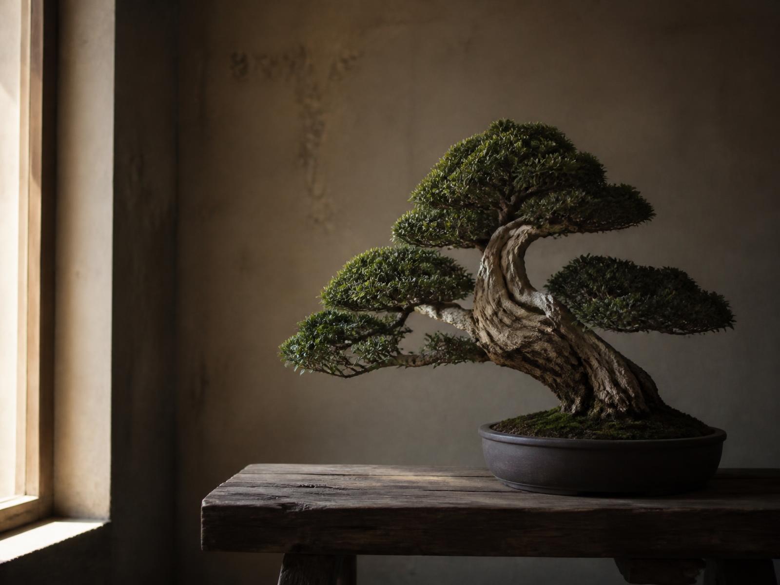 Bonsai di studio SUKMA, disinari cahaya samping
